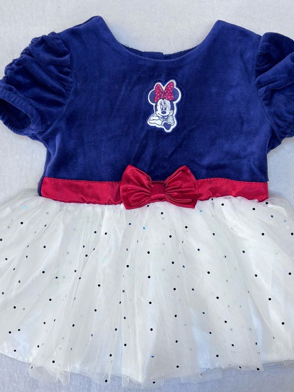 Disney Baby Minnie Mouse Tulle Dress 6-9M Blue Red White Sparkle Puff Sleeve